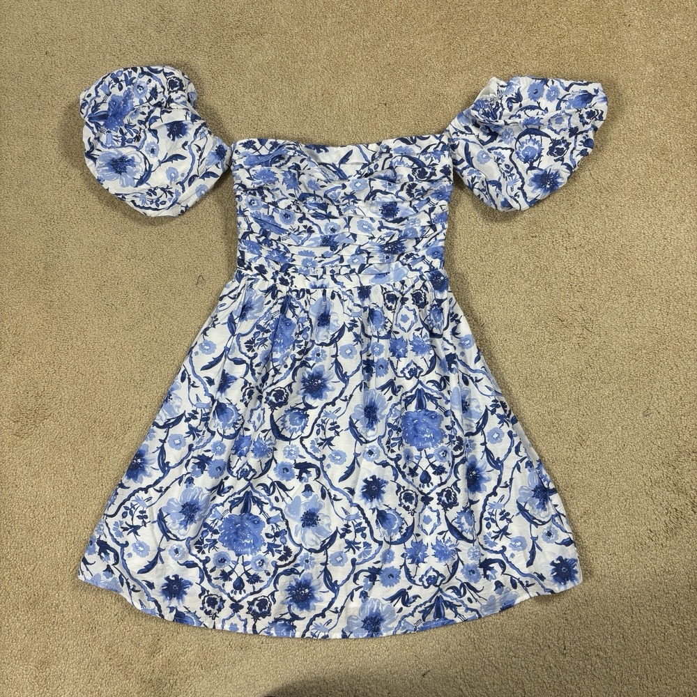 Abercrombie & Fitch Blue White Floral Smocked Mini Dress XST Puff Sleeve Square